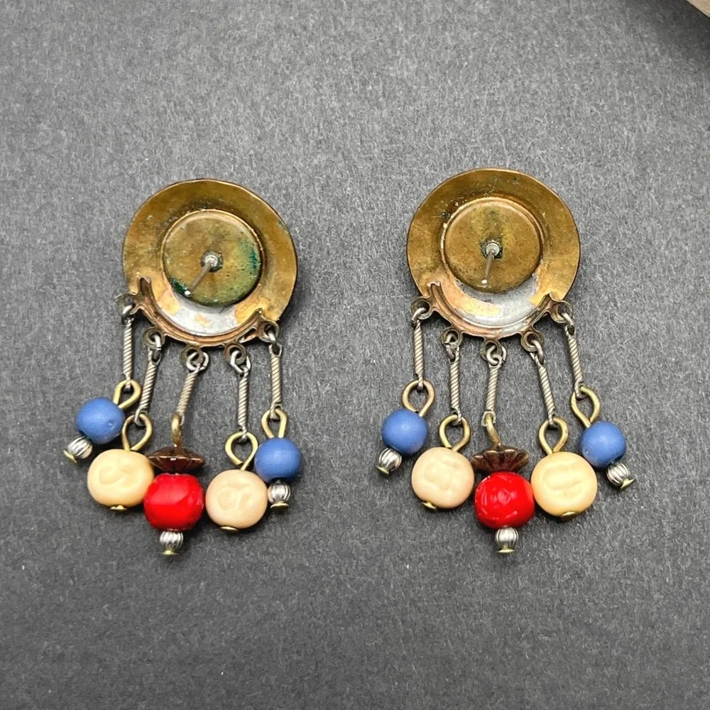 Vintage Boho Earrings Earrings Hammered Brass Red Blue White Beaded